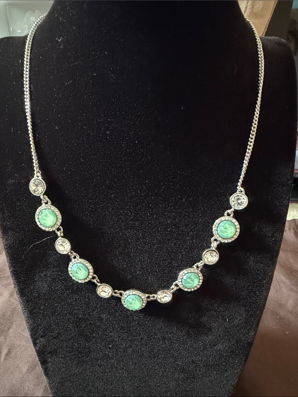 Givenchy Mint Green Cabochon Crystal Silver Tone Collar Necklace Vintage Style